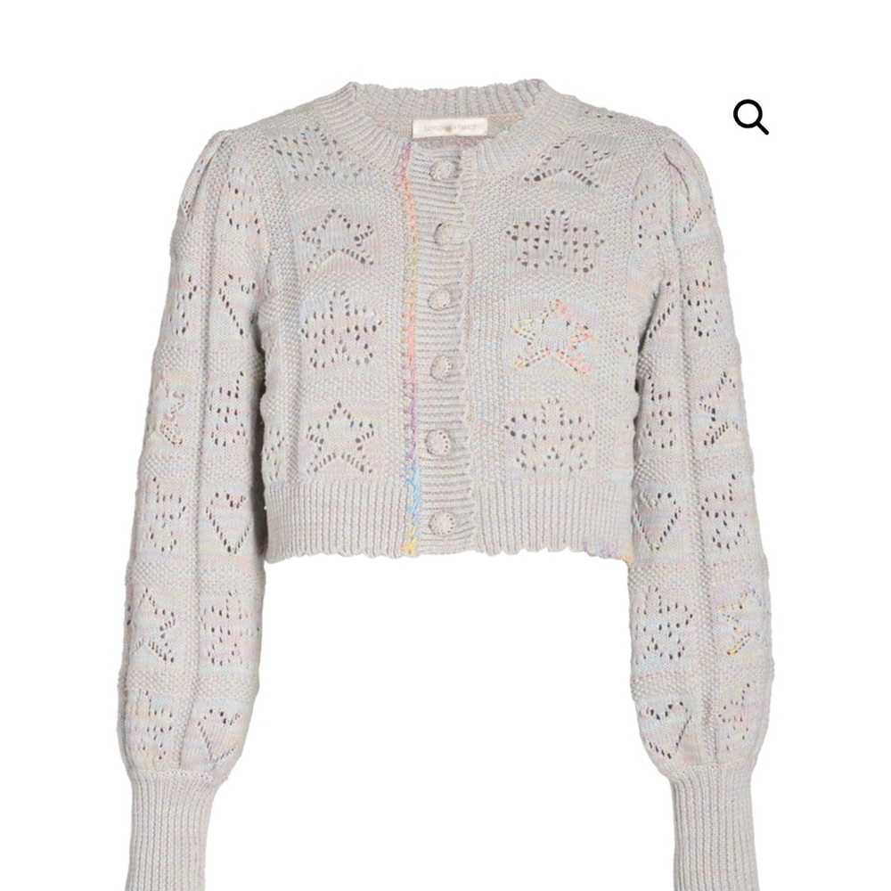 Loveshackfancy cream cropped cardigan embroidered pastel rainbow